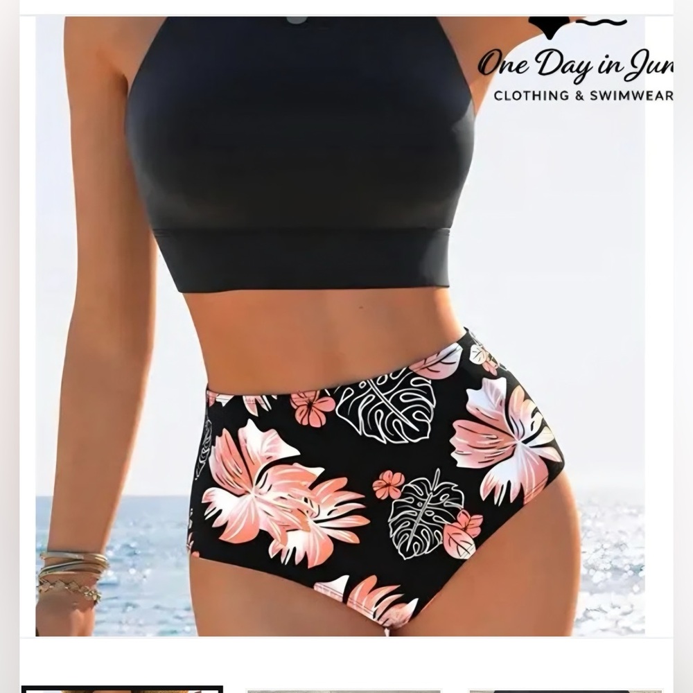 High-Waist Bikini Bottoms - Black with Pink Floral
